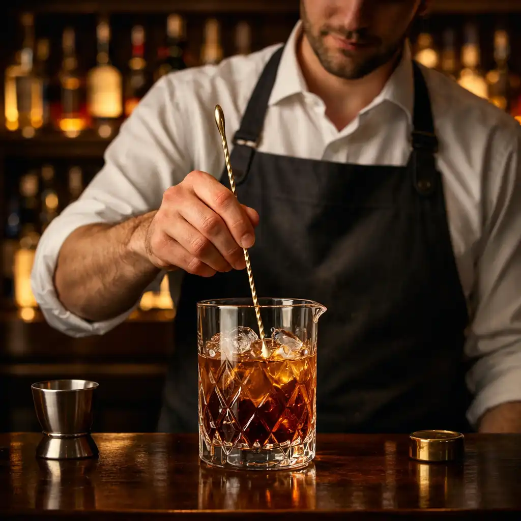 Bartender stirring a classic cocktail at the Hearth bar