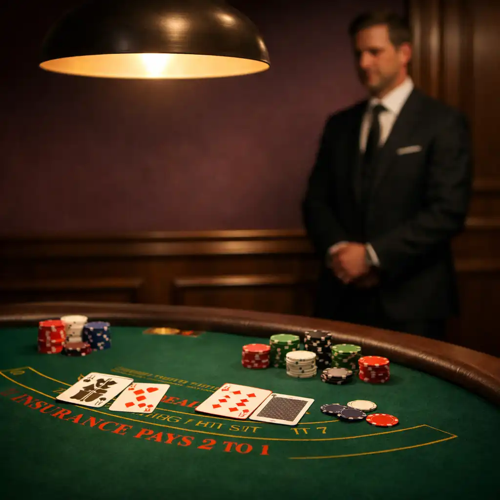 A blackjack table with a green felt layout, a shoe and playing cards, lit by a warm overhead lamp