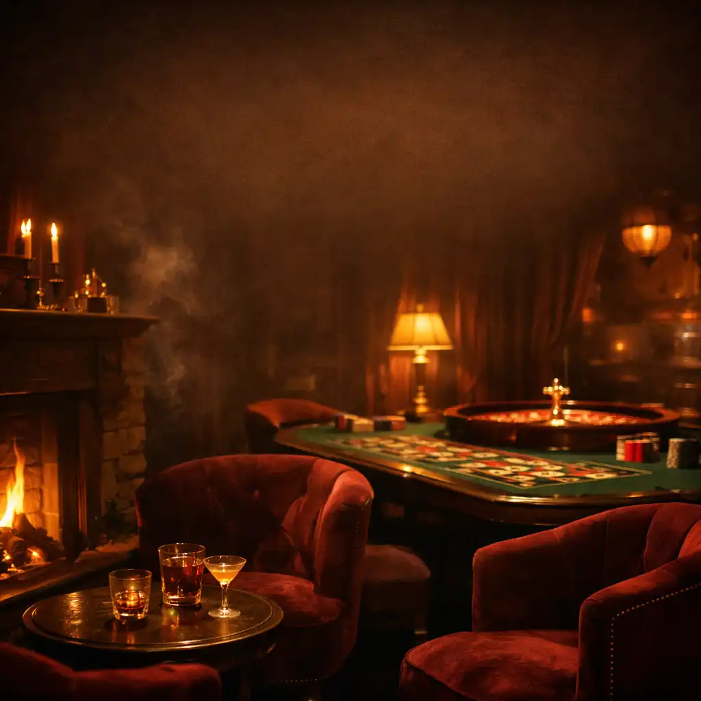 Dimly lit casino room with a fireplace, velvet chairs, and a roulette table in the background