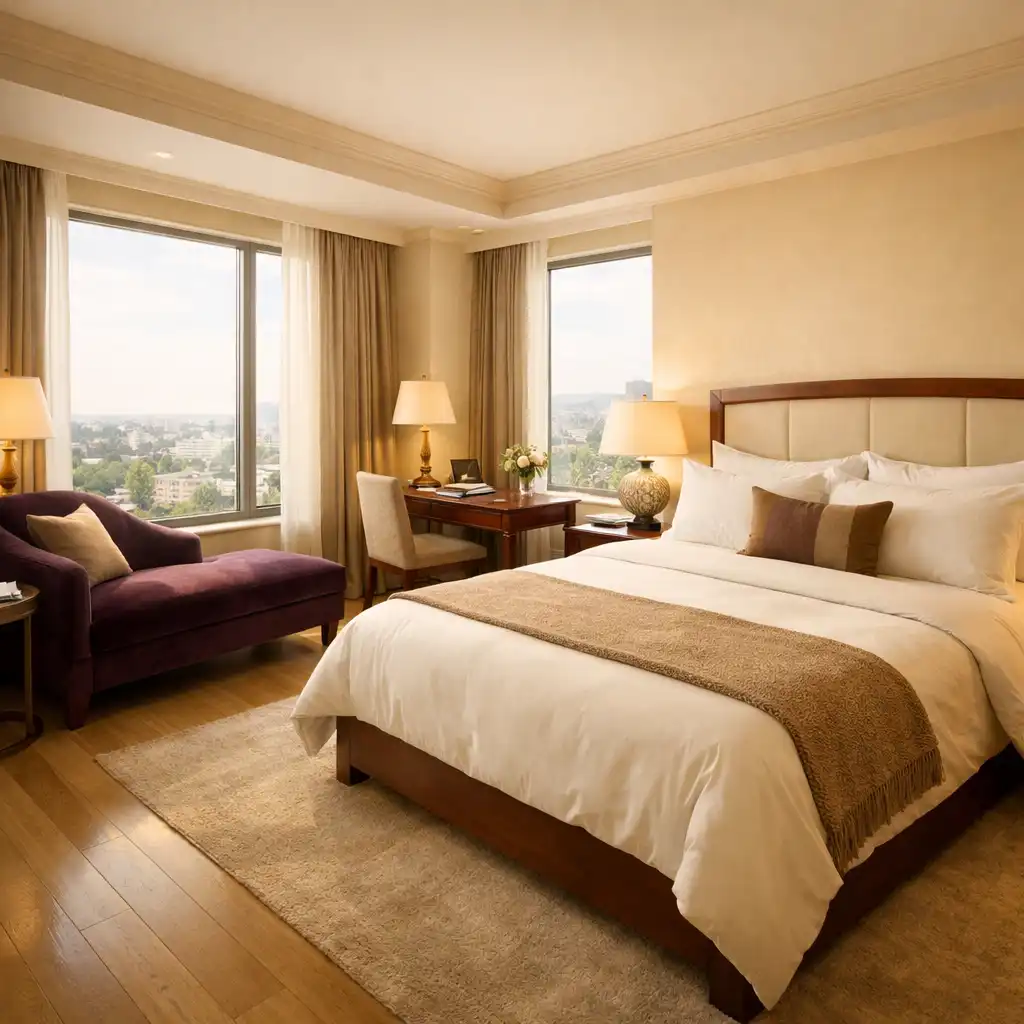 The Corner Suite with large windows, a king bed, chaise lounge, and writing desk