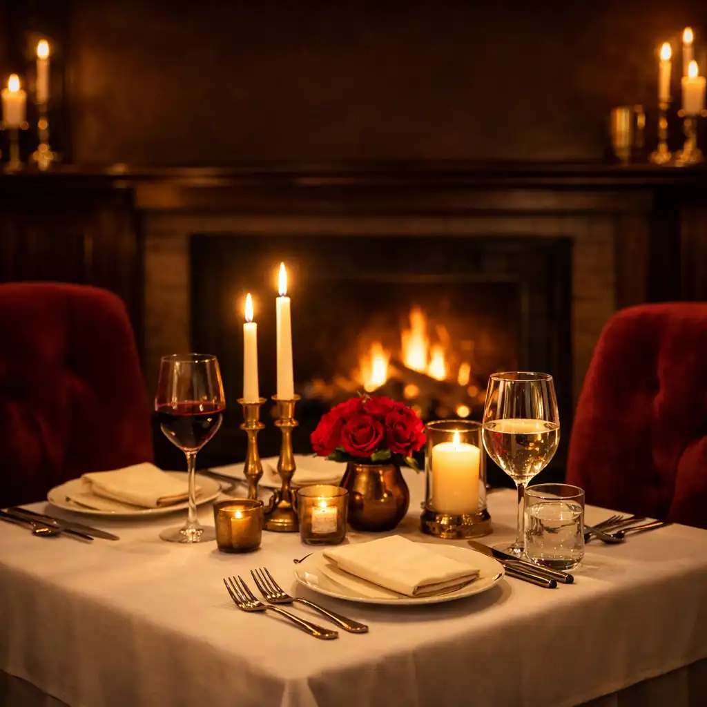 Candlelit supper club table with velvet chairs and a glowing hearth at Velvet Hearth Casino