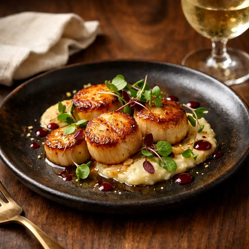 Seared scallops plated on dark ceramic at the Hearth Restaurant