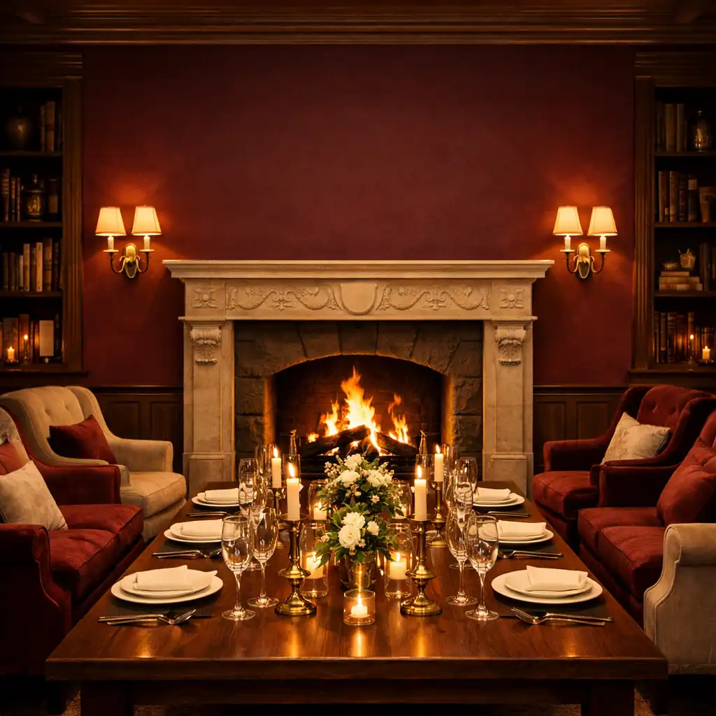 A cosy private salon with a grand fireplace, deep burgundy walls, a long oak table set for dinner, and plush velvet armchairs