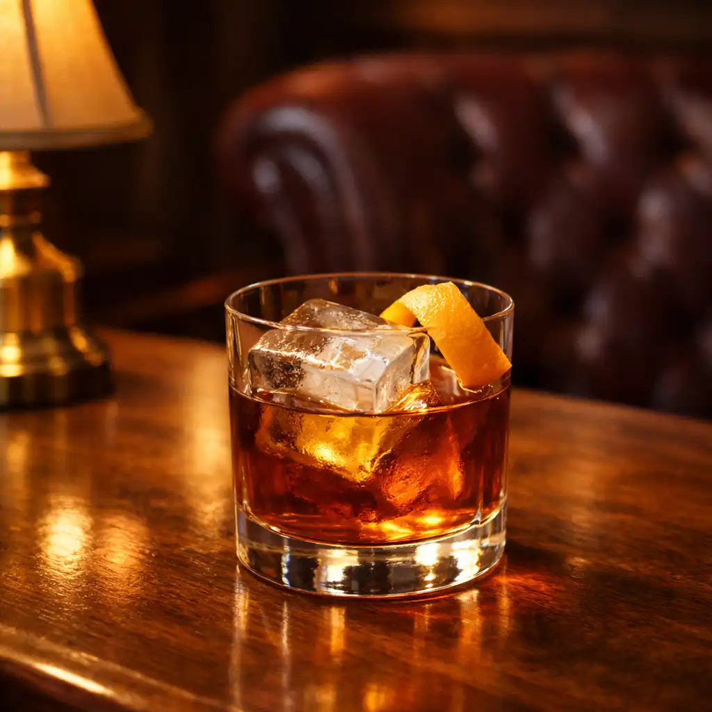 A classic cocktail on a walnut bar in the Hearth Lounge, with a burgundy leather armchair in the background
