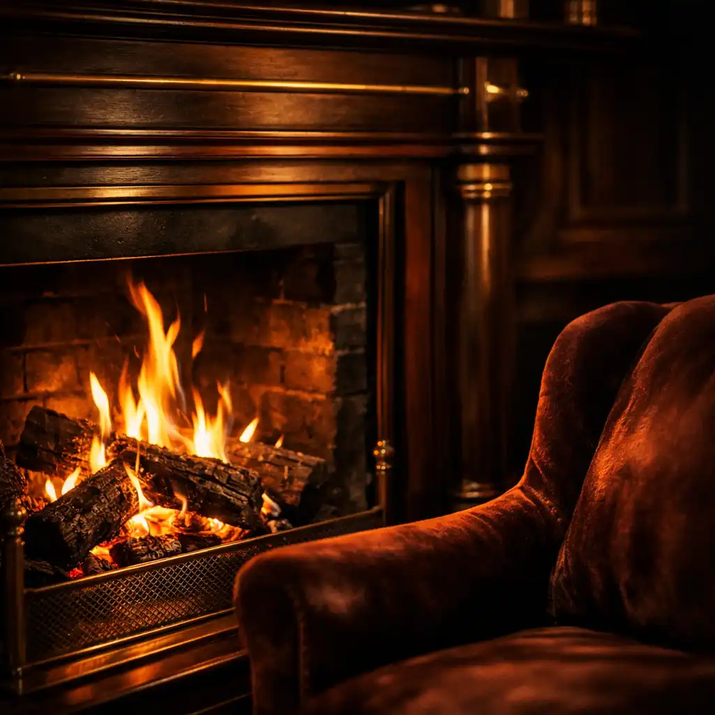 Close-up of a fireplace with flickering flames, dark wood mantel, and brass accents