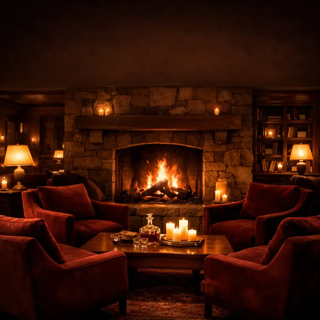 Dimly lit lounge with a stone fireplace, burgundy velvet armchairs, and a low walnut table