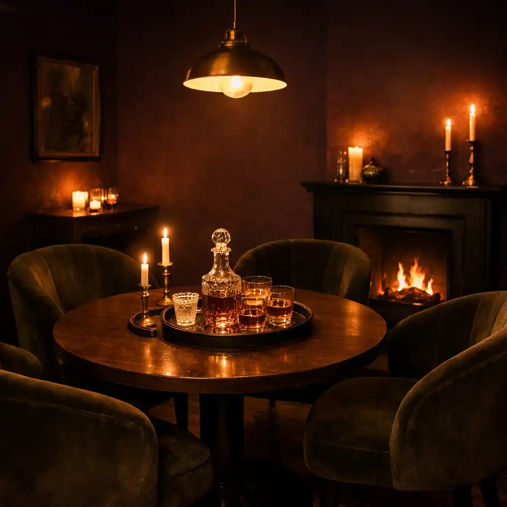 Small private salon with a round table, velvet chairs, and a small hearth