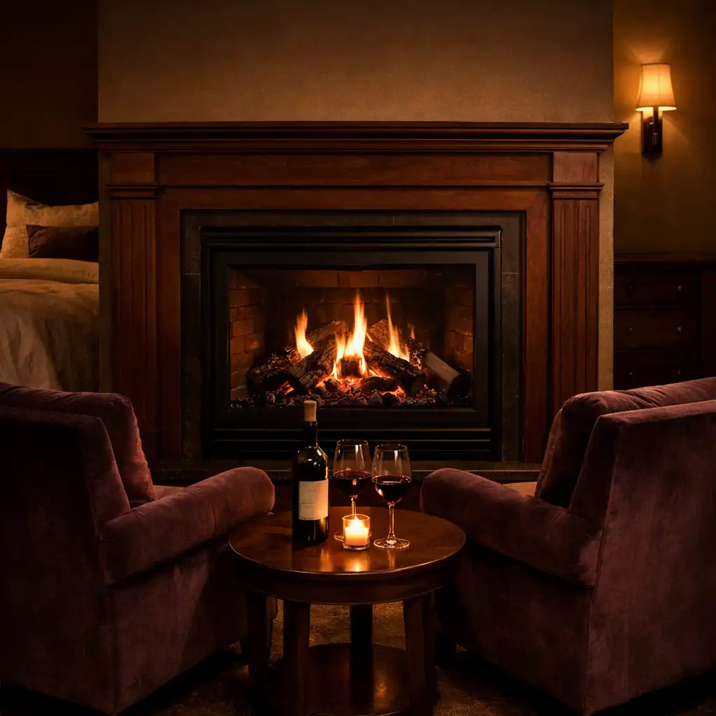 The Hearth Room with a king bed, burgundy velvet headboard and a window seat overlooking Collins Street