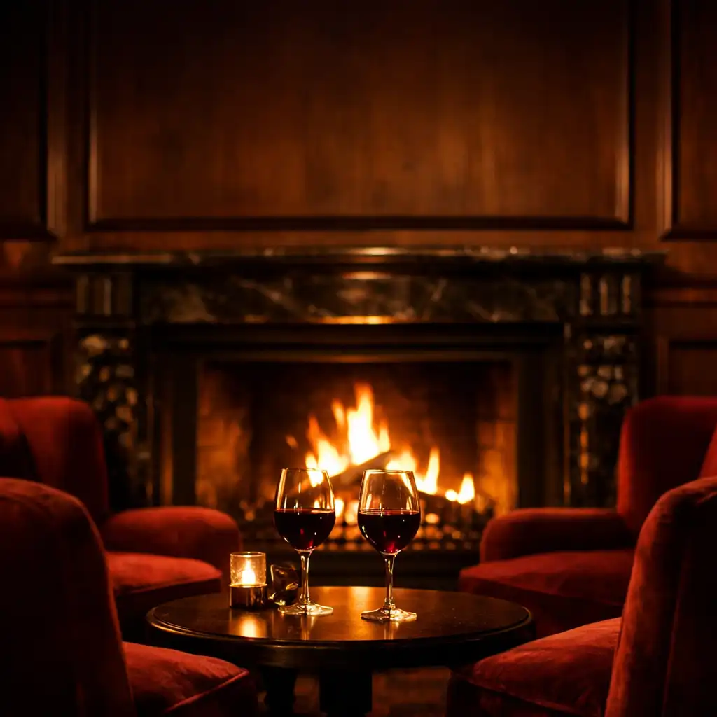 A dimly lit fireside lounge with burgundy velvet armchairs gathered around a crackling fireplace at Velvet Hearth Casino