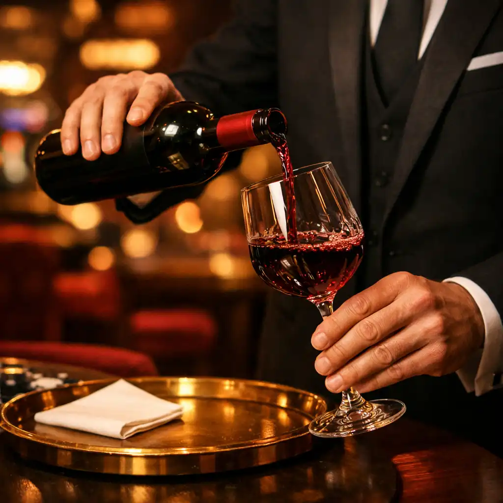 Host in a dark suit pouring a glass of red wine at a table
