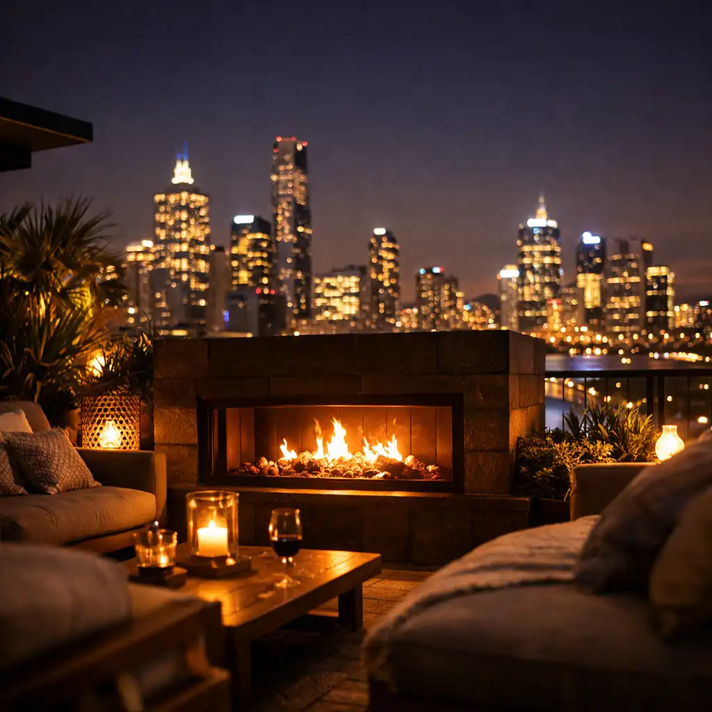 The Penthouse terrace with an outdoor fireplace and panoramic views of the Melbourne skyline