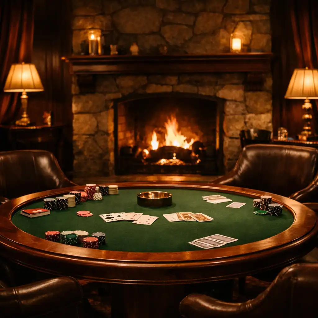 A dimly lit poker salon with a walnut table, leather chairs and a glowing stone fireplace