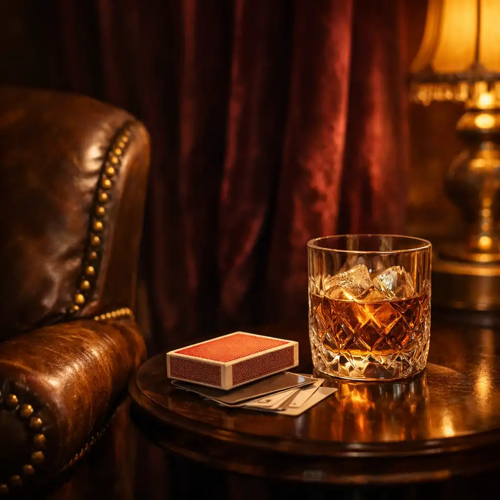 A leather armchair with brass studs beside a small table with a crystal glass and a deck of cards