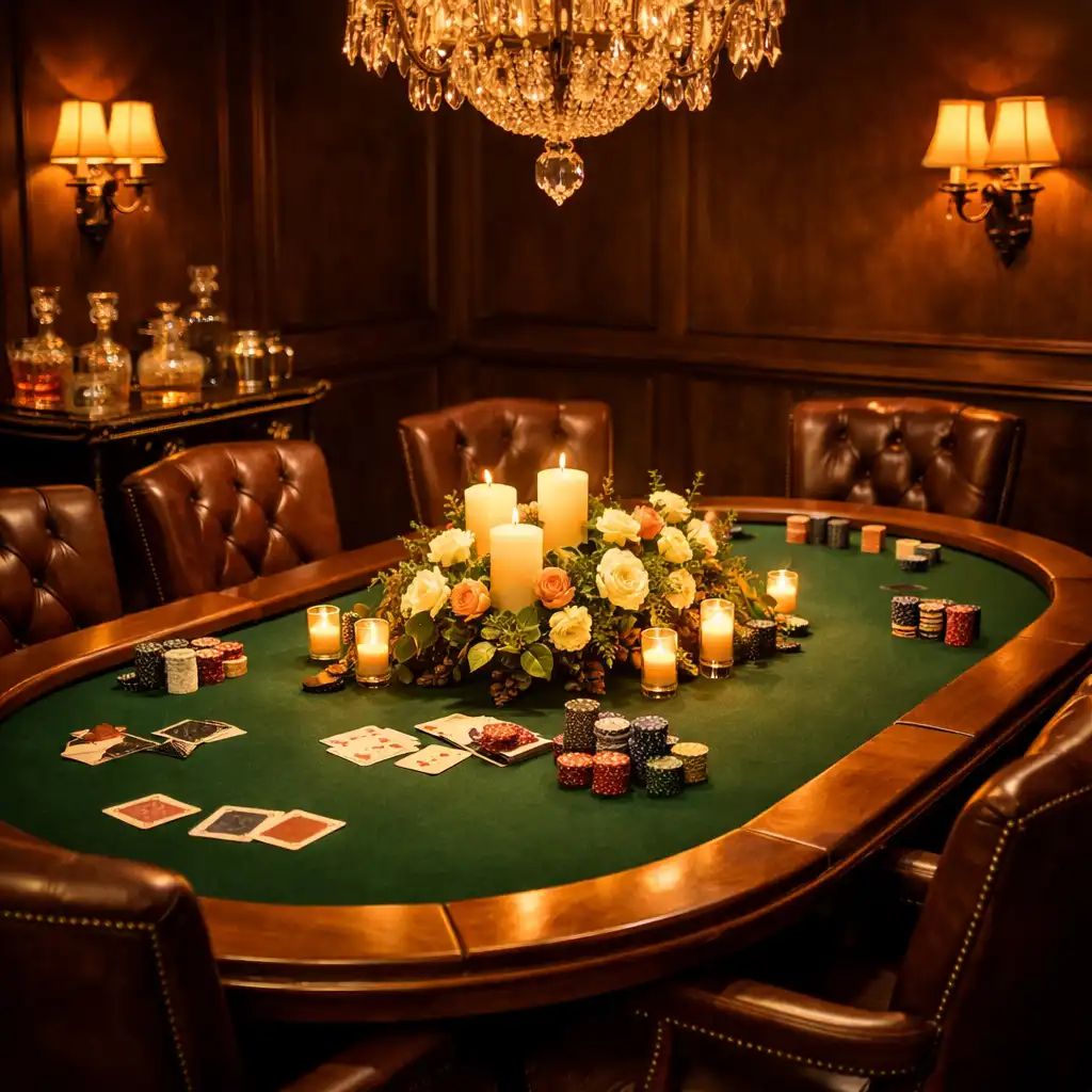 A private poker salon with a professional-grade poker table, leather chairs, aubergine walls and a brass chandelier in warm low light