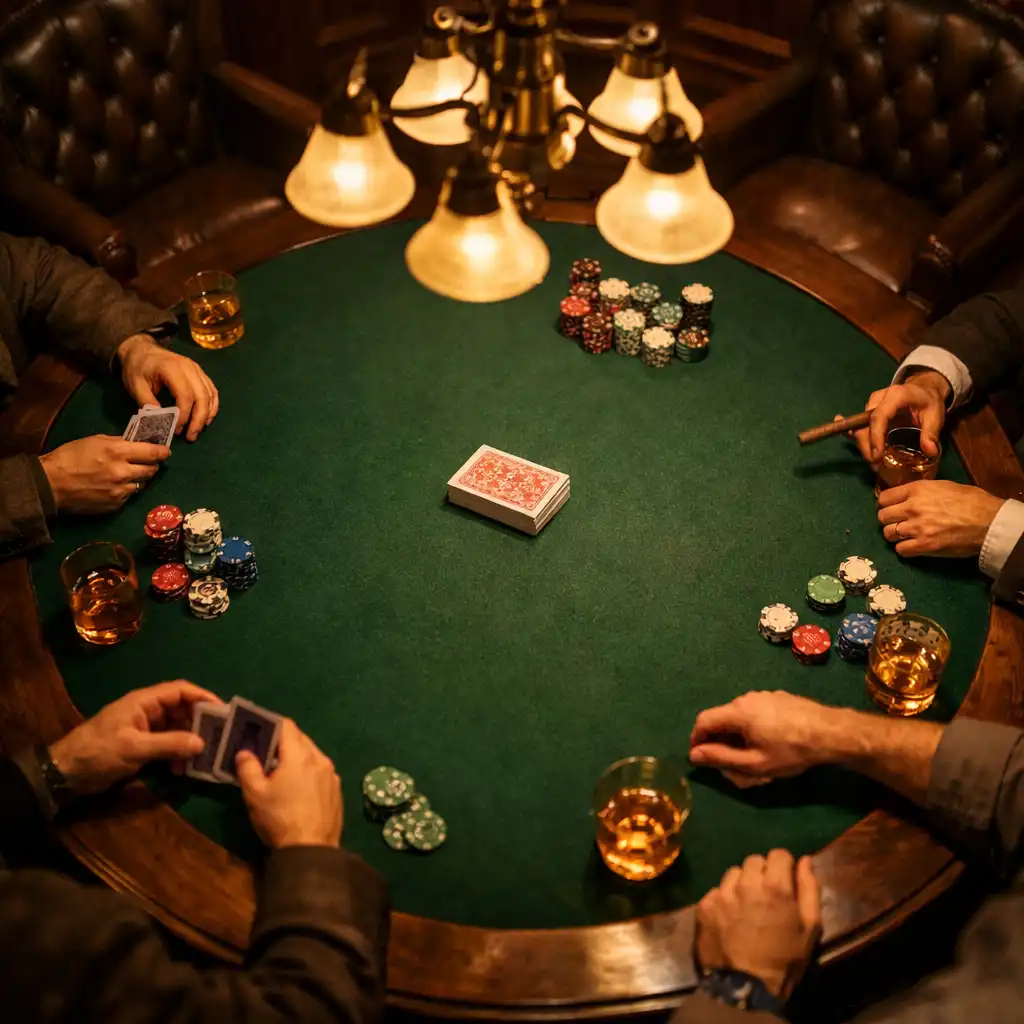 A wood-panelled poker salon with a green felt table, leather chairs and a low brass chandelier