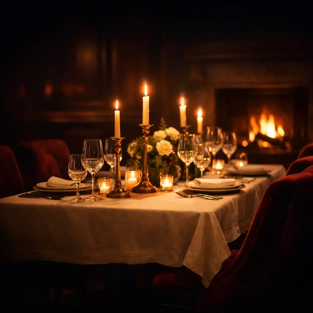 A candlelit private dining table set with cream linen, brass candlesticks and crystal glassware, surrounded by burgundy velvet chairs with a fireplace glowing in the background