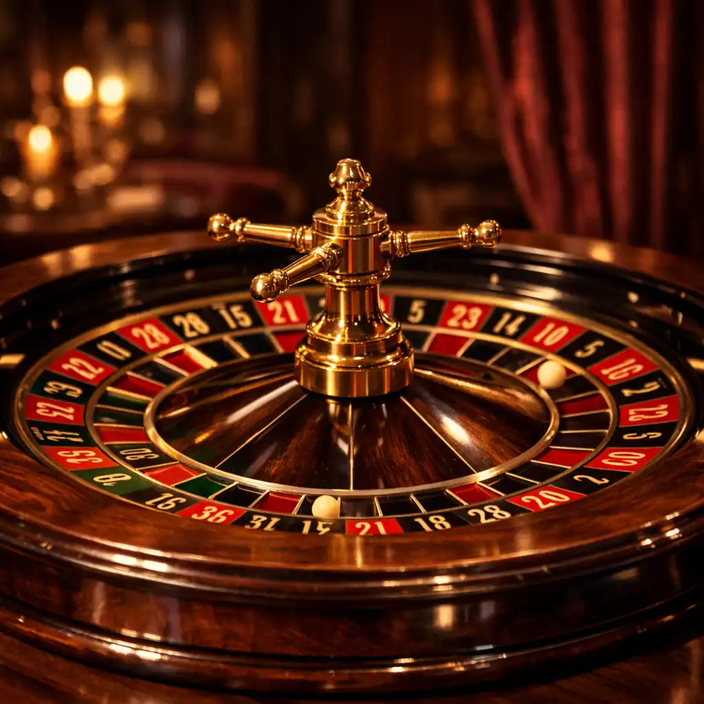 Close-up of a roulette wheel on a dark walnut table with brass details