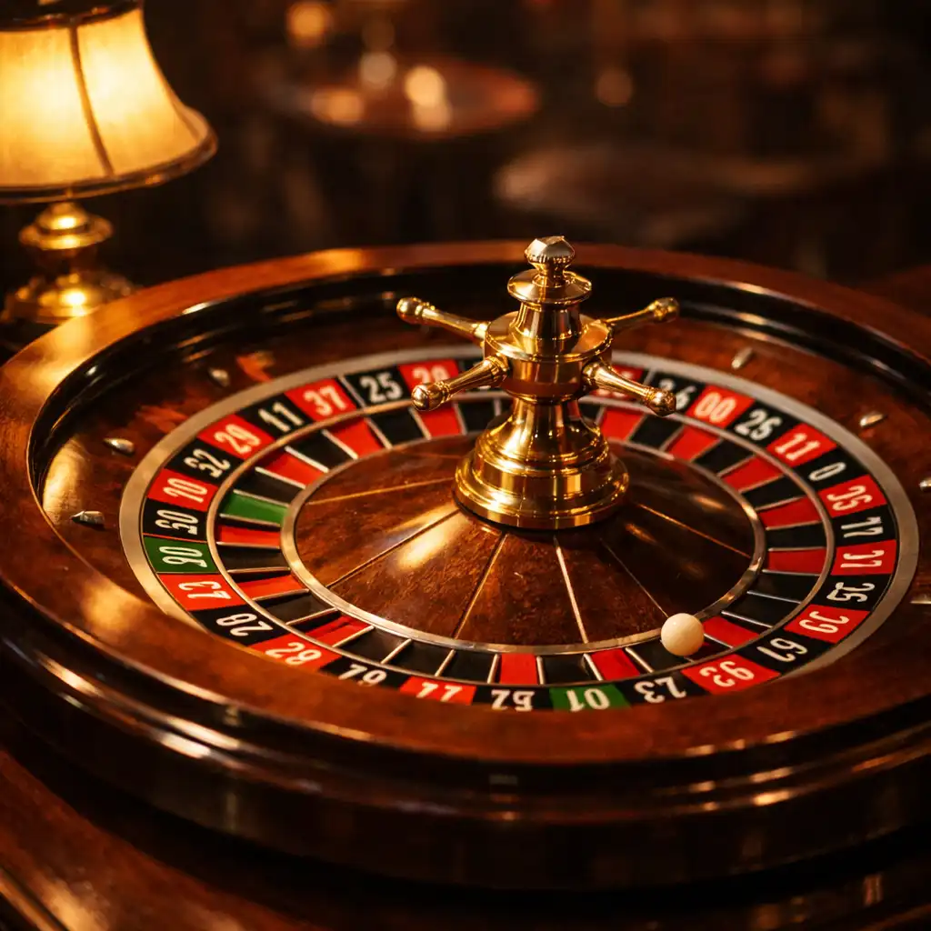A European roulette wheel on a dark wood table, lit by a low brass lamp