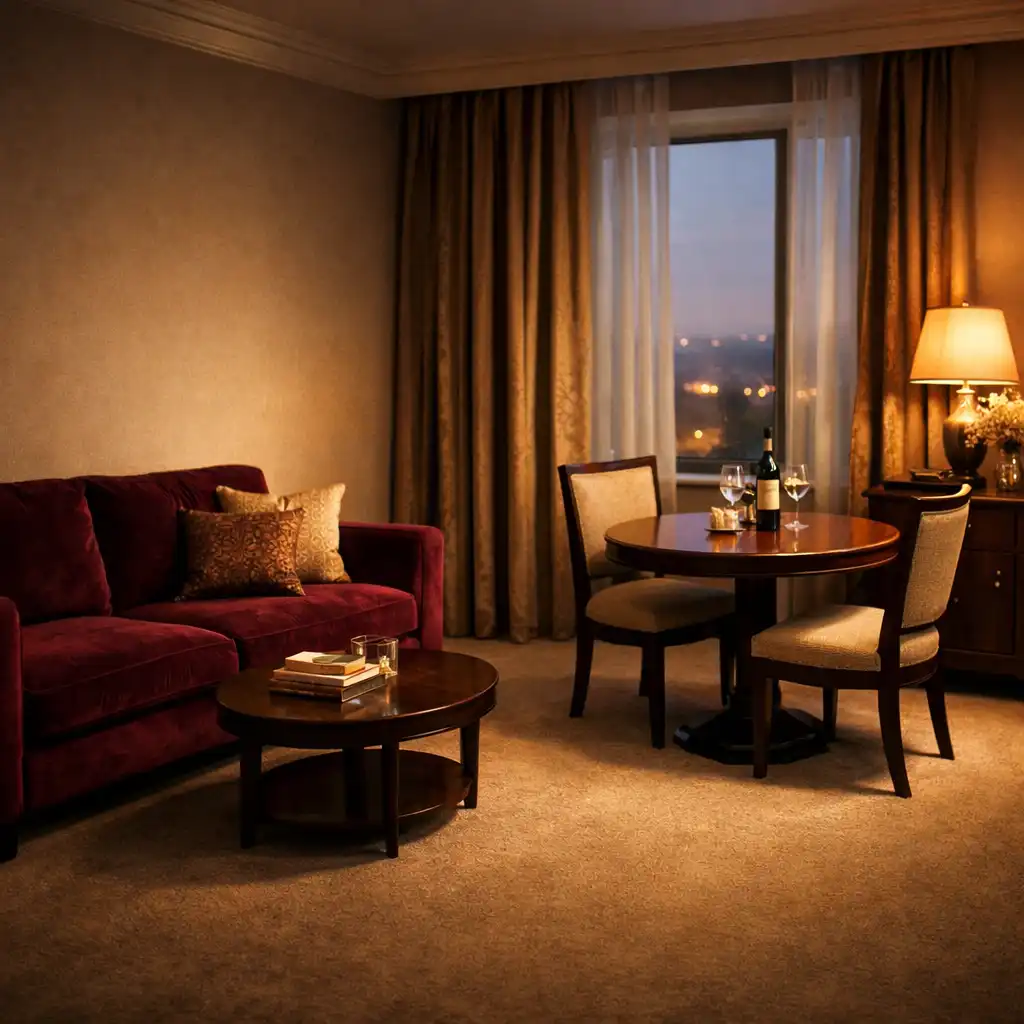The Salon Suite with a separate sitting area, aubergine velvet sofa and a private bar