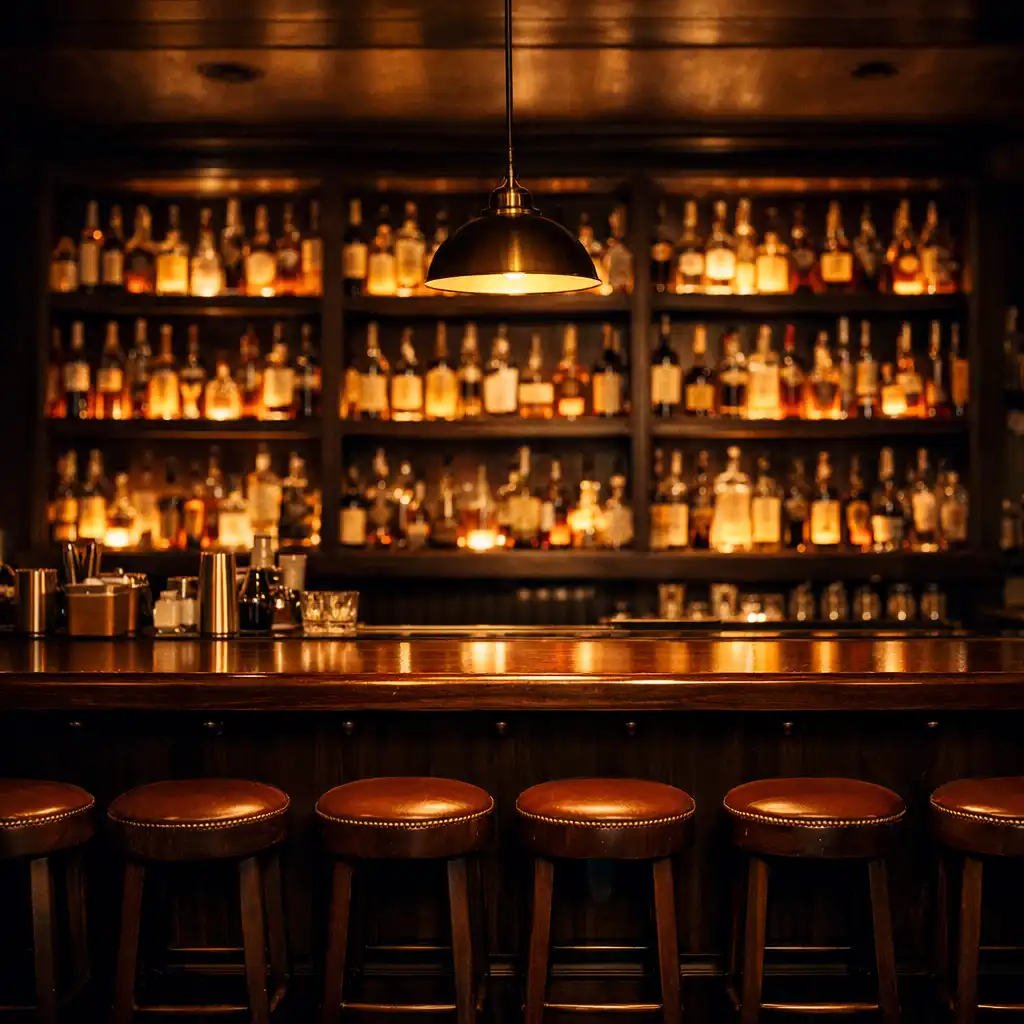 The Velvet Bar, an intimate bar with eight leather stools, a dark wood counter and backlit shelves of spirits