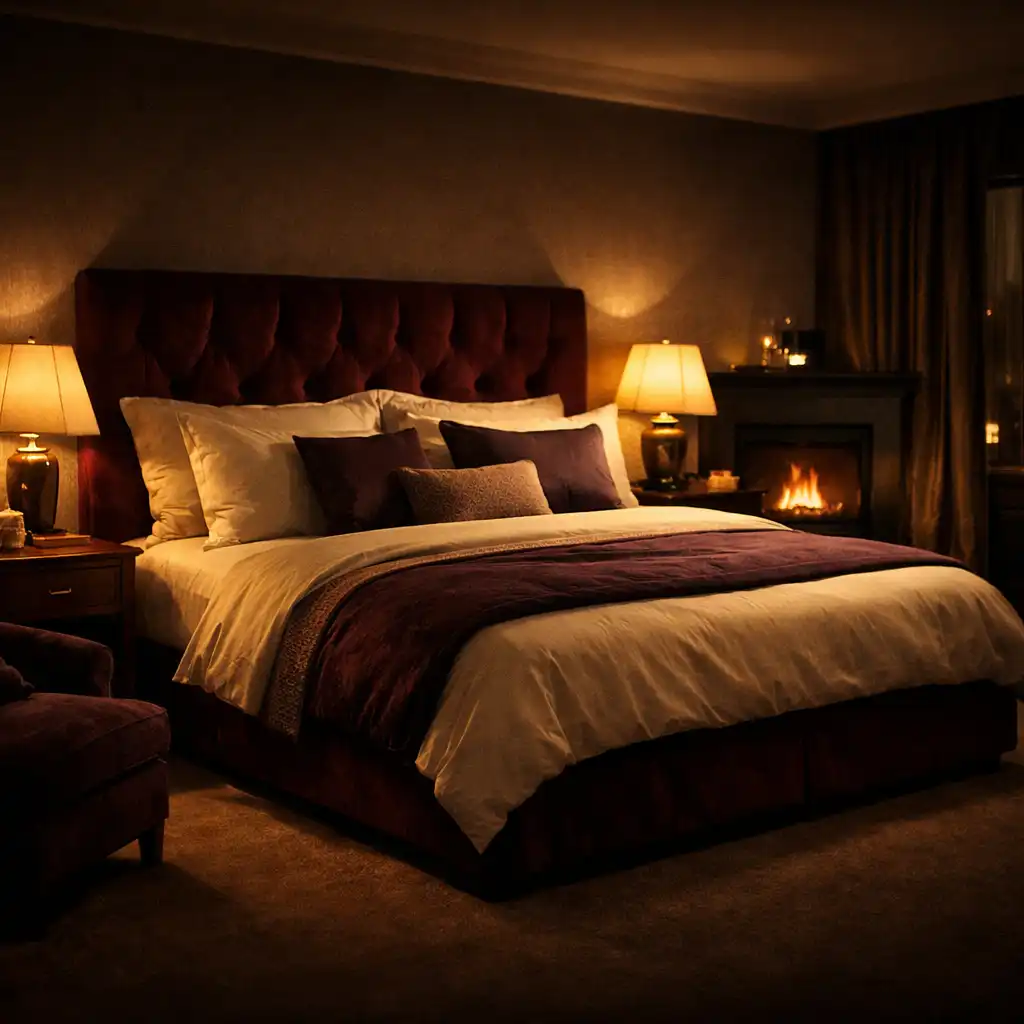 A luxurious hotel suite at night with a king bed, burgundy velvet headboard, and glowing fireplace