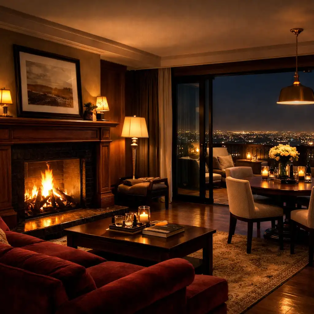 The Velvet Hearth Suite lounge with fireplace, burgundy sofa, dining table, and private balcony