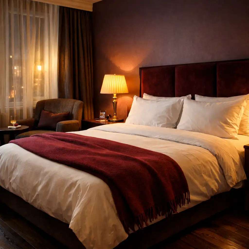 The Velvet King room with a king bed, burgundy velvet headboard, and reading chair by the window
