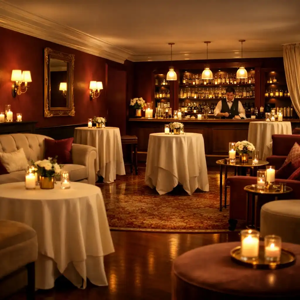 A spacious private event room with burgundy walls, brass accents, plush seating and a bar in the background, arranged for a cocktail party